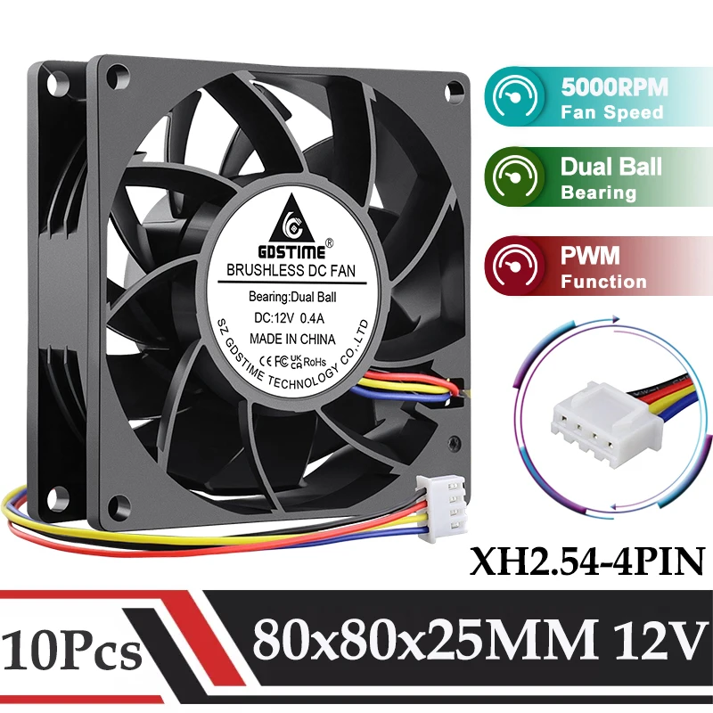 

10 Pcs/Lot GDSTIME DC 12V 8025 Powerful Booster Fan 80MM Computer Case Cooling Fan 80x25MM Dual Ball 4PIN Fan w PWM Function