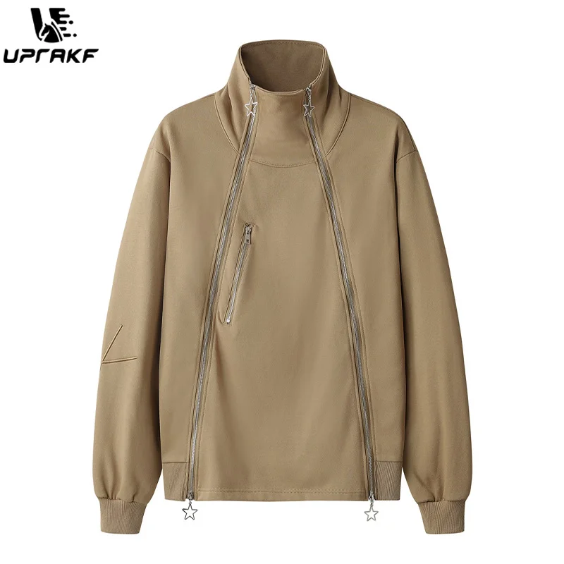 UPRAKF Streetwear Double Zipper Hoodie High Neck Loose Long Sleeve Autumn Fashion Pullover Casual Hip Hop Tops Pure Color