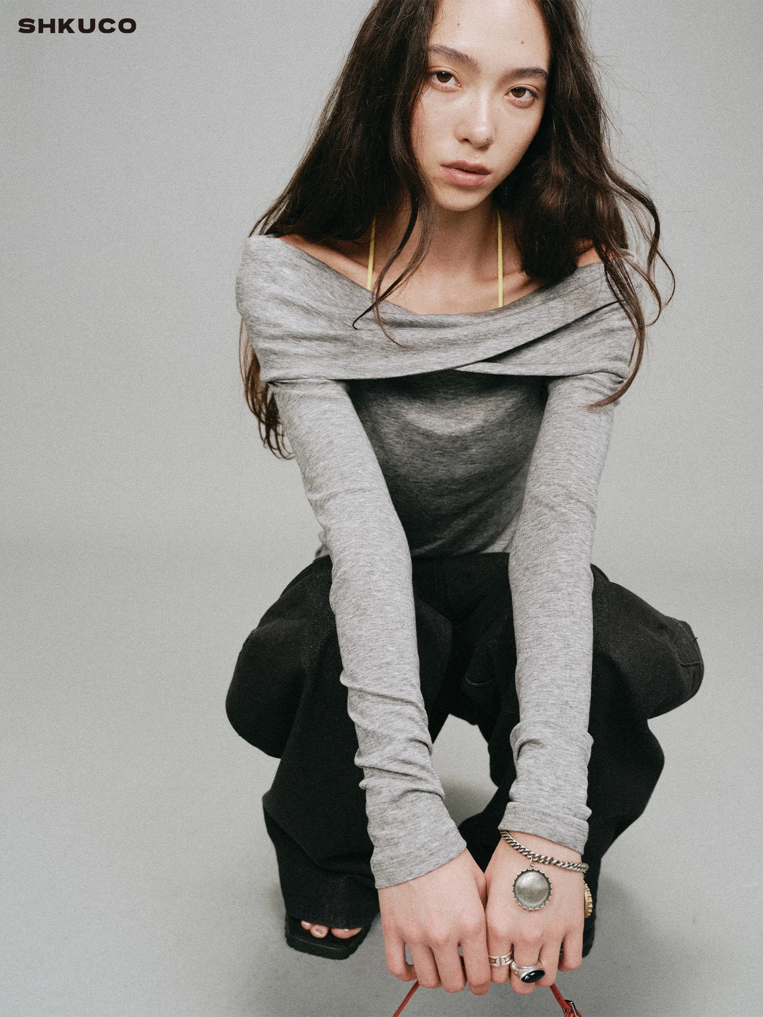

KUCO Soft Skin-friendly Beautiful Woolen Long Sve oulder Bared One-oulder Top Ladies' Commute Sle Slim Fit Base irt