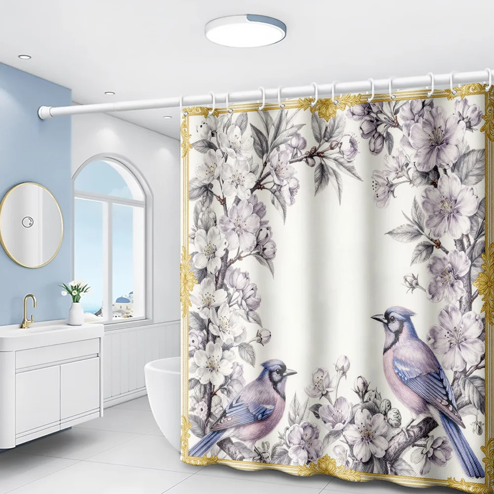1pc Vintage Floral and for Blue Bird Print Shower Curtain, Bathroom Home Decor, Includes Plastic Hooks, Suitable for Home and Ho