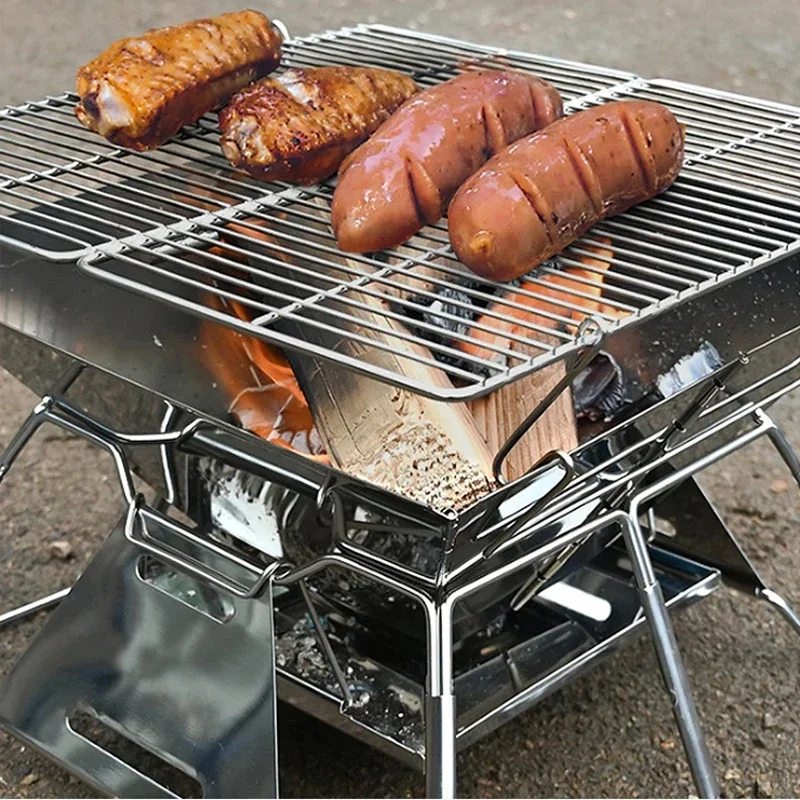 Table Camping Stove Stainless Steel Foldable Barbecue With A Charcoal Rack Grill