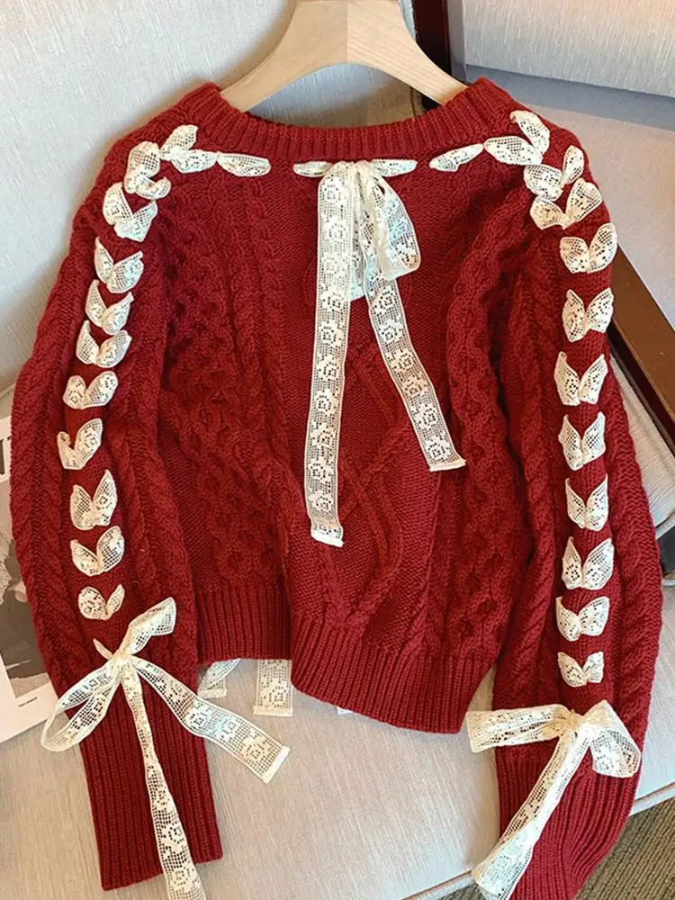 Women\'s Christmas Red Pullover Knitted Sweater Elegant Harajuku Y2k Long Sleeves Knit Sweaters Jumper Vintage 2000s Clothes 2024