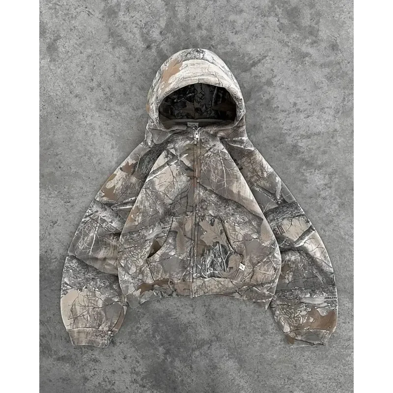 HAni 2025 уличная камуфляжная комплект из двух предметов в европейском и американском стиле Харадзюку, пуловер с капюшоном на молнии, свободные спортивные штаны, повседневные W ☆ ★ ww