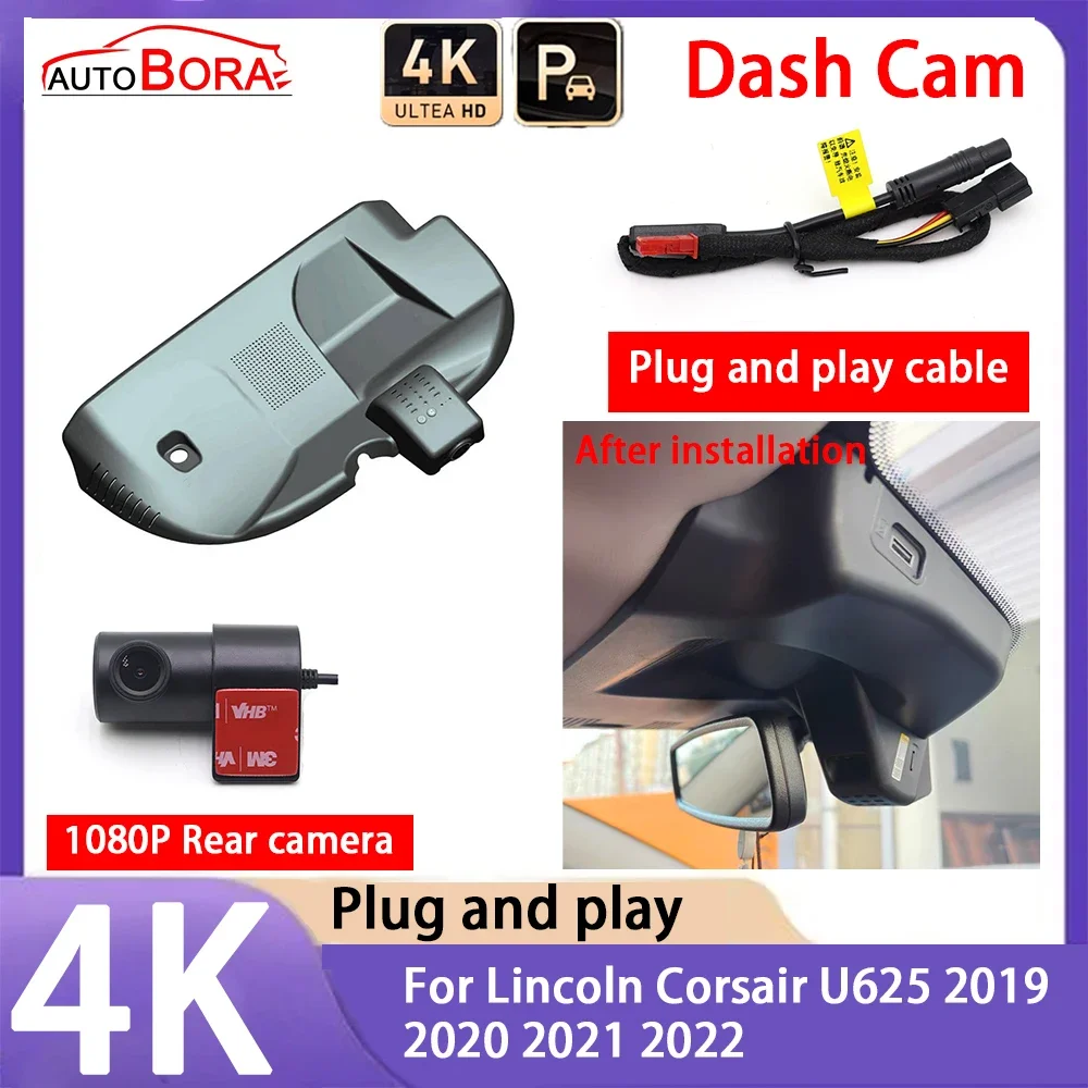 AutoBora 4K 2160P Plug and Play UHD Car Dash Cam DVR Camera Night Vision for Lincoln Corsair U625 2019 2020 2021 2022