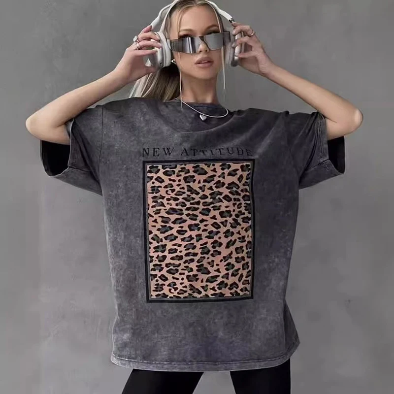 

Vintage Washed Black Oversized T-shirt Women Leopard Print Graphic Cotton Tee American Streetwear Casual Loose Short Sleeve Top