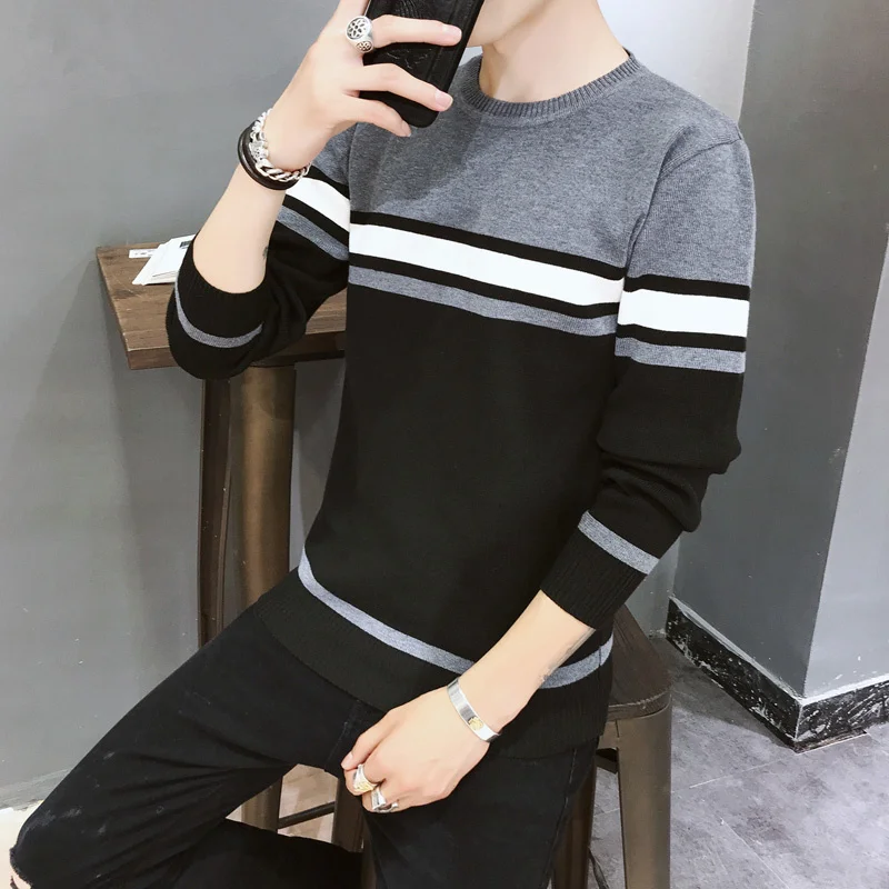 

Spring And Autumn New Round Neck Stitching Knitted Sweater Striped After Thick Warm Men'S Casual Slim Shu