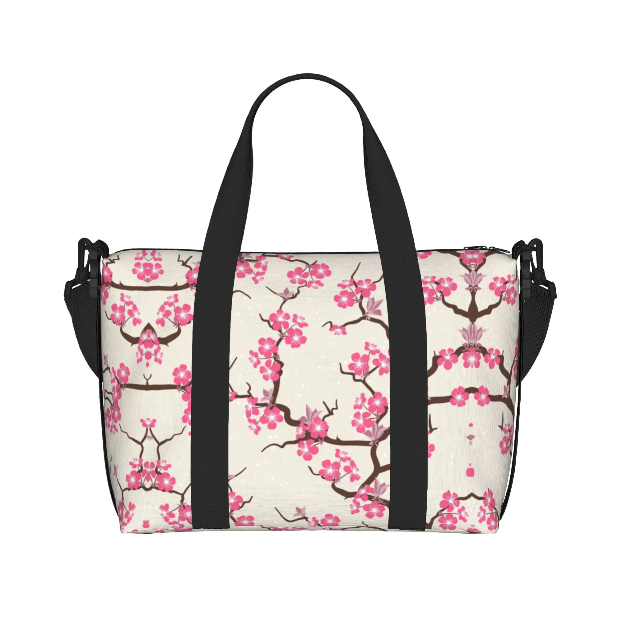 Custom Japanese Sakura Flowers Beach Tote Bag Women Cherry Blossom Floral Pattern Large Compartment Beach Gym Travel Bags