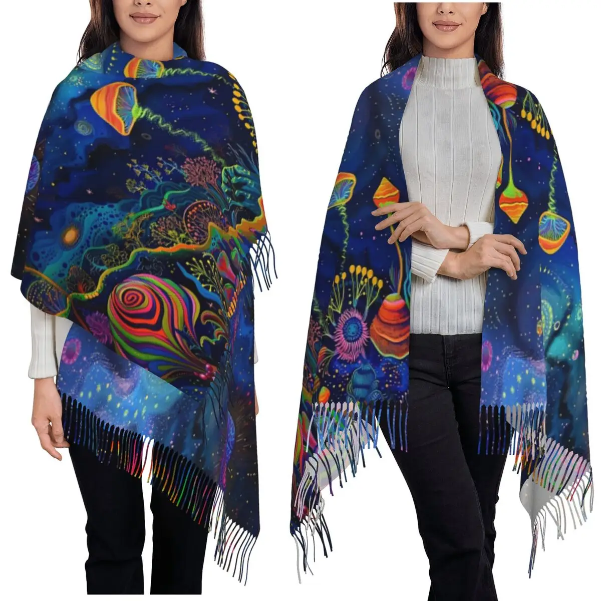 

Психоделический грибной мир, триповый шарф, шарфы с кисточками, женские мягкие теплые шали и накидки, большая осенне-зимняя шаль