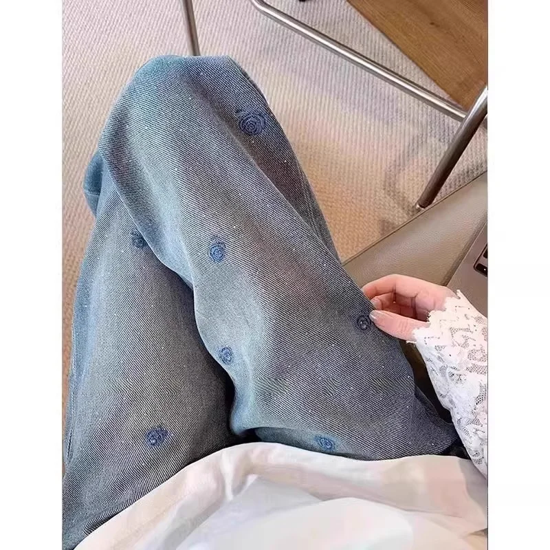Retro Embroidered Rhinestone Rose Denim Jeans Women's Spring New Large Size Pear Shape Small Figure Straight Wide Leg Pants