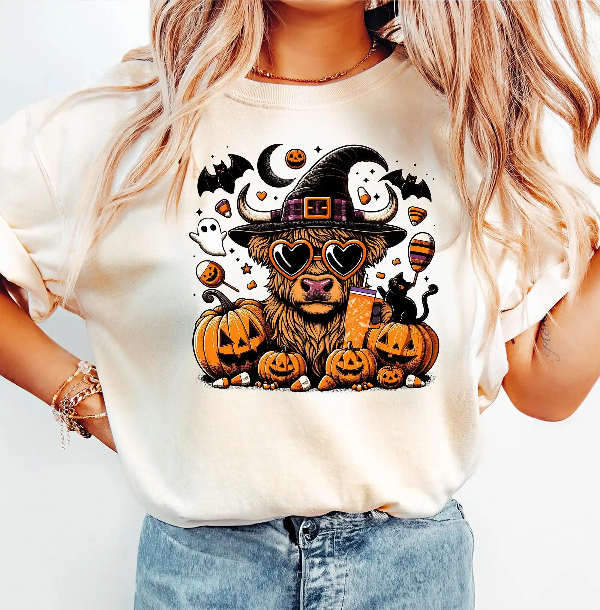 Fall Pumpkin Highland Cow Sweat T Shirt Print For Sweater