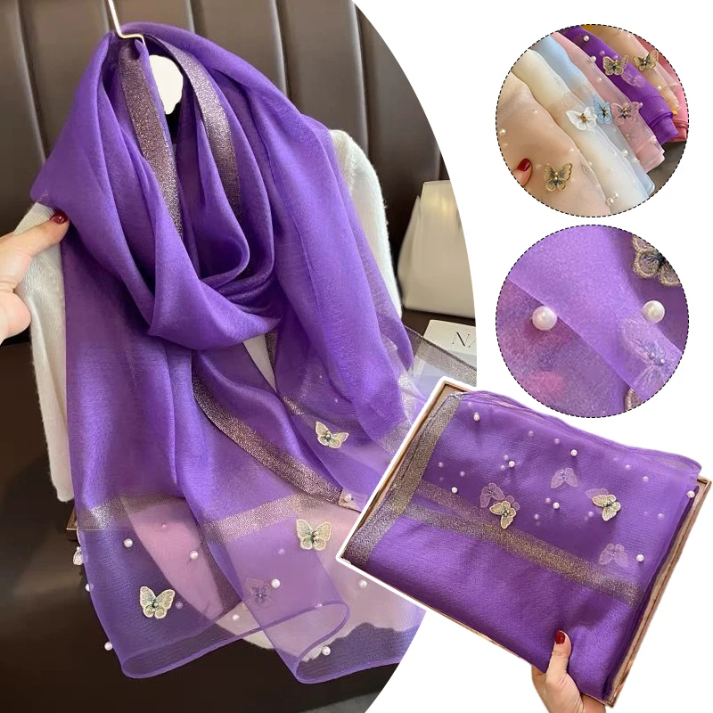 

180x70cm Large Silk Scarf Hijab Women Embroidered Butterfly with Pearls Shawl Wrap Female Hand Foulard Pashmina Travel Echarpe