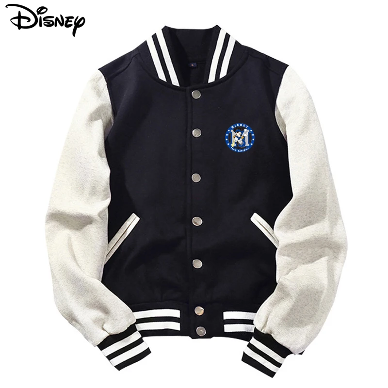 Disney 2023 New Arrival Rib Sleeve Cotton Top Fashion Logo Mickey Mouse Print Casual Bomber Baseball Jacket Loose Cardigan Coat