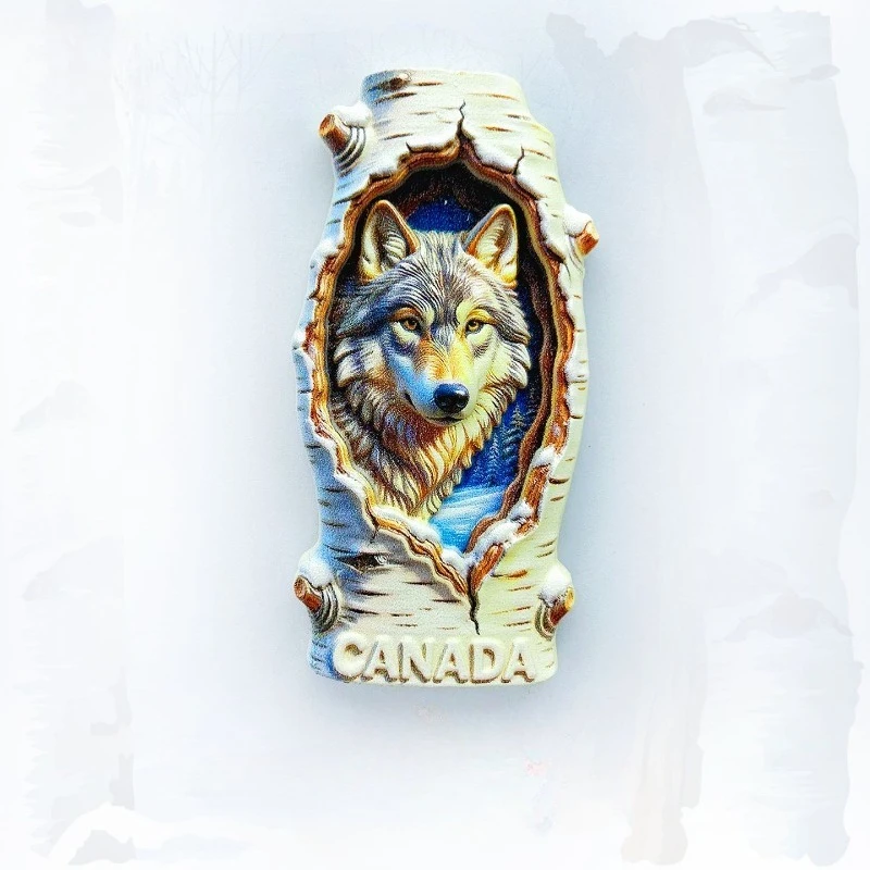 

Canada Wolf Fridge Magnet - Handcrafted 3D Birch Wood Souvenir Unique Wilderness Art Gift for Travel & Lodge Decor