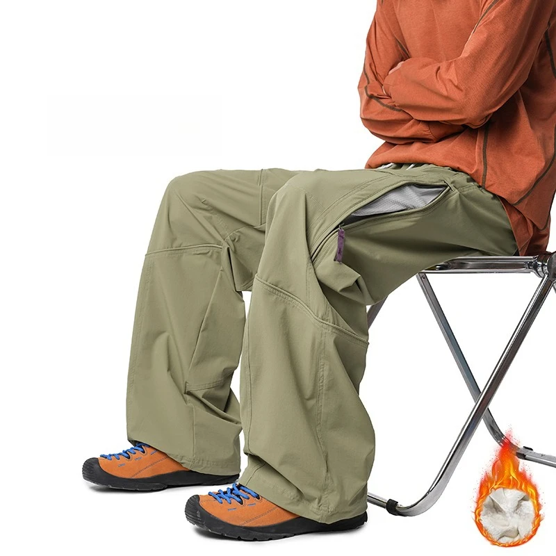 Men's Daily Casual Thickened and Fleece-lined Pants, Outdoor Camping Solid Color Workwear Straight Trousers.