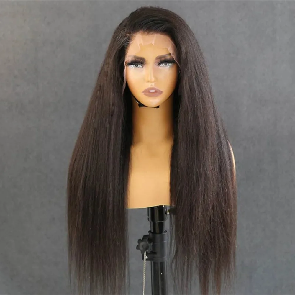 

Soft Long Yaki 180Density 26inch Black Kinky Straight Lace Front Wig For Women BabyHair Heat Resistant Glueless Preplucked Daily