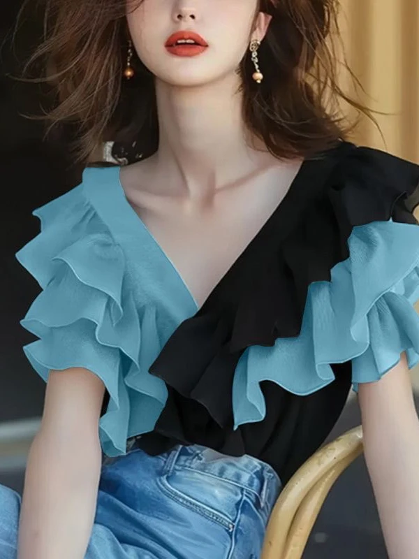 Chic V-Ne ort Sve irt Women's Summer Special Beautiful irt Lovely Small Top Polyester Material Commute Sle