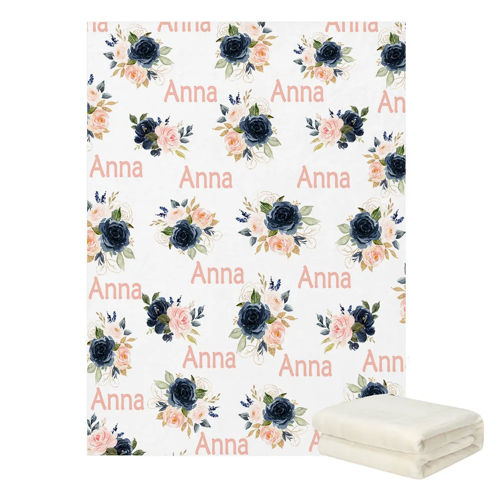 LVYZIHO Custom Name Watercolor Navy Blush Pink Flowers Baby Blanket - 30x40 /48x60 /60x80 Inches Blanket