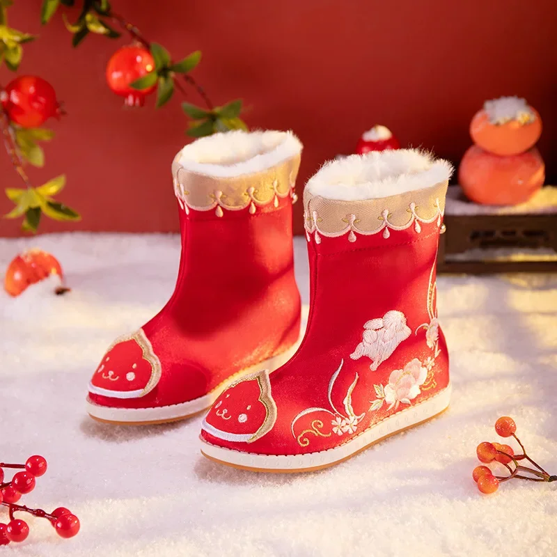 2024 Winter New Antique Cotton Boots Hanfu Girl Rabbit New Year Shoes Winter Boots Ancient Cotton Shoe Dragon Year