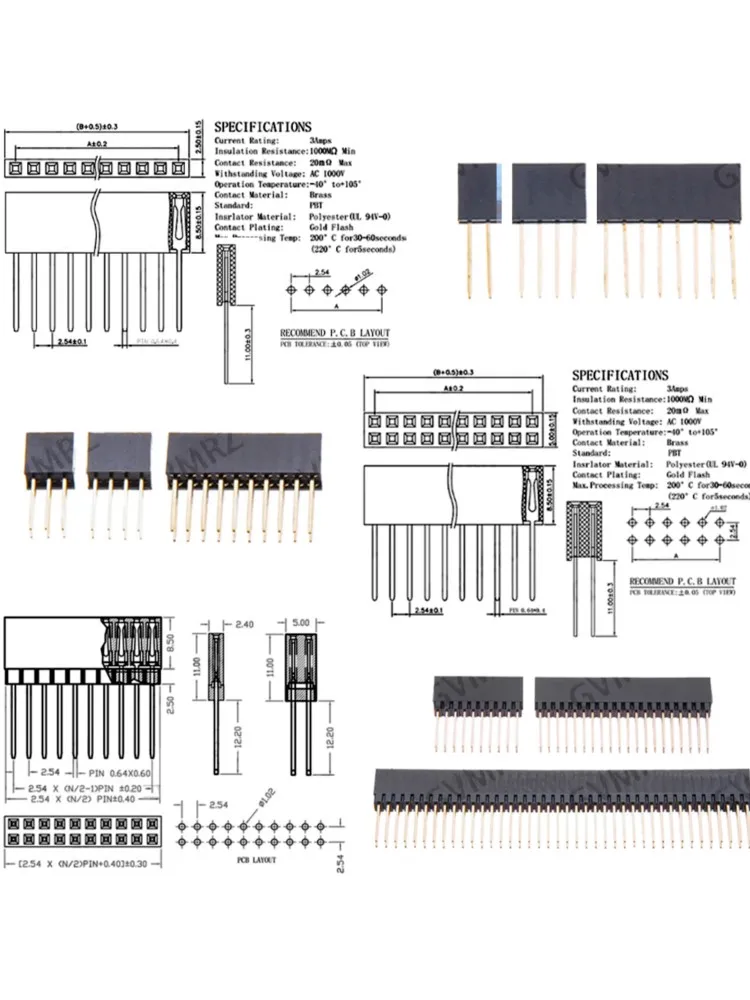 2/3/4/6/8/10/15-pinowy złącznik żeński z długimi nóżkami, z możliwością łączenia w stos, raster 2,54 mm, do Arduino Shield — 2