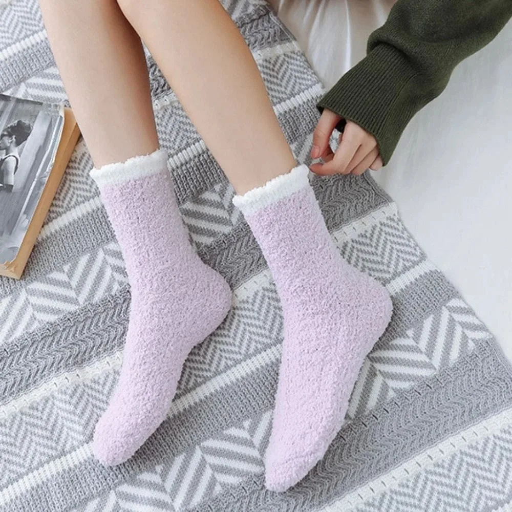 

6Pairs Fashion Solid Fleece Socks Warm Thicken Coral Fleece Socks Kawaii Soft Winter Floor Socks Girls