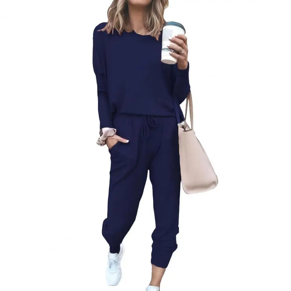 2 Pcs/Set Women Top Pants Suit Long Sleeves Sleepwear Sport Sweatshirt Drawstring Elastic Waist Trousers Fall Spring Tracksuit