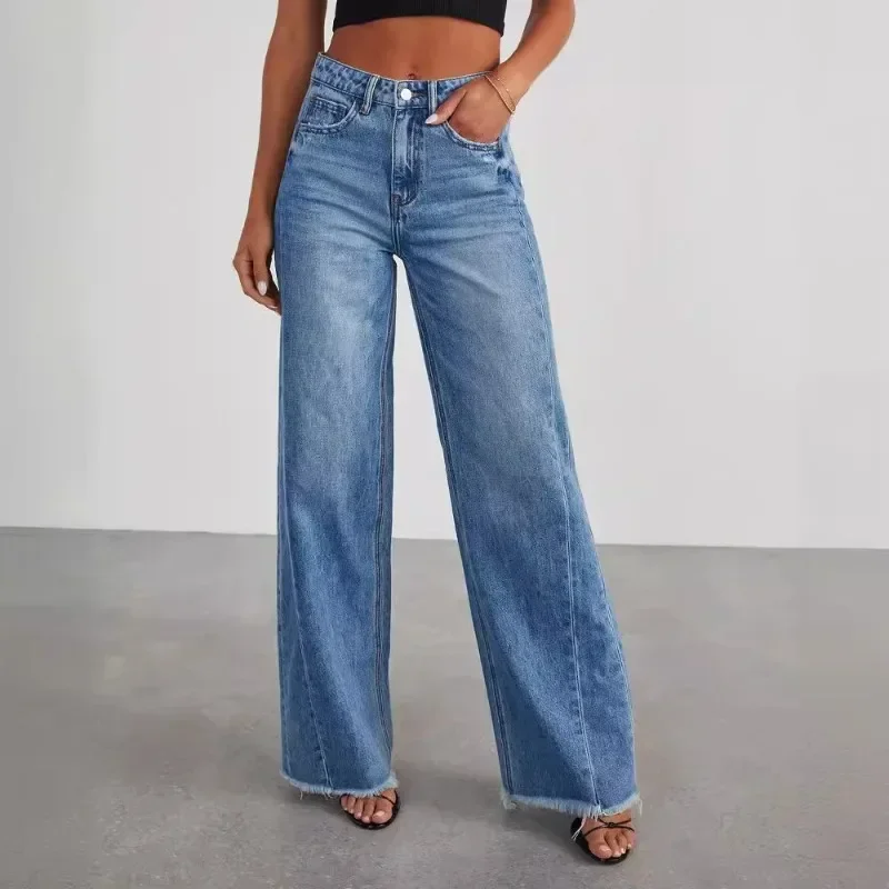 Spring Summer New Women\'s Clothing Solid Color Loose Wide Leg Side Seam Stitching Frayed Hem Jeans