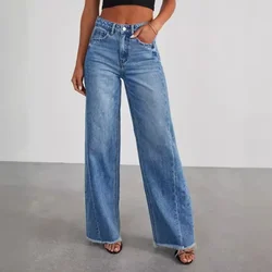 Frühling Sommer Neue frauen Kleidung Einfarbig Lose Breite Bein Seite Naht Nähte Ausgefranste Saum Jeans