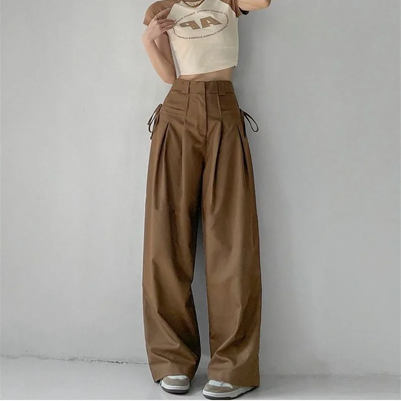 Women Baggy Casual Pants Solid Harajuku Daily Streetwear Drawstring Design Students High Street Vintage Wide Leg  Korean