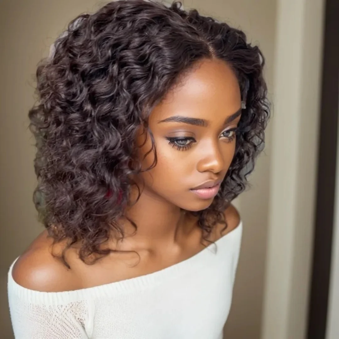 

Человеческие волосы Remy, натуральный черный, глубокая волна, 5x5, коричневый парик с кружевной застежкой для ежедневного использования, длина 8 дюймов