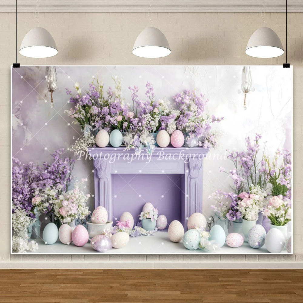 خلفية تصوير لحفلات عيد الفصح الربيعية، بيض ملون، لافندر أرجواني، غرفة مدفأة زهرة، خلفية للحفلات، استوديو الصور