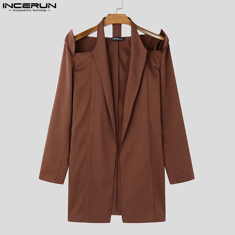 

INCERUN Men Blazer Hollow Out Solid Color Lapel Long Sleeve Long Style Blazer Men Streetwear 2025 Fashion Casual Male Suit