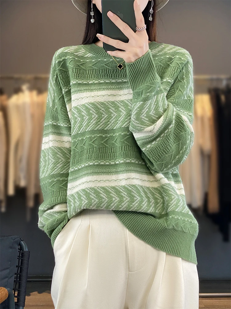 

Женский пуловер из 100% мериносовой шерсти Iceberg в зеленую полоску с круглым вырезом, осень-зима, с длинными рукавами, теплый, повседневный сезонный незаменимый