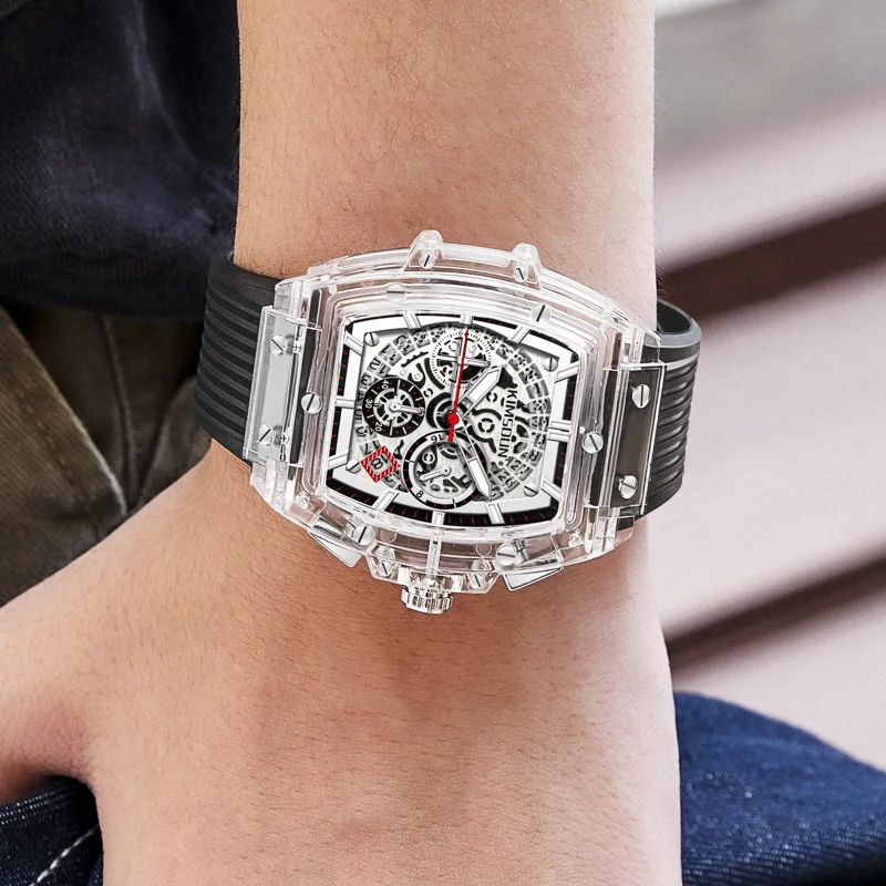 UTHAI CQ224 Orologio da uomo alla moda impermeabile a forma di botte di vino orologio al quarzo trasparente orologio casual orologi da regalo per uomo