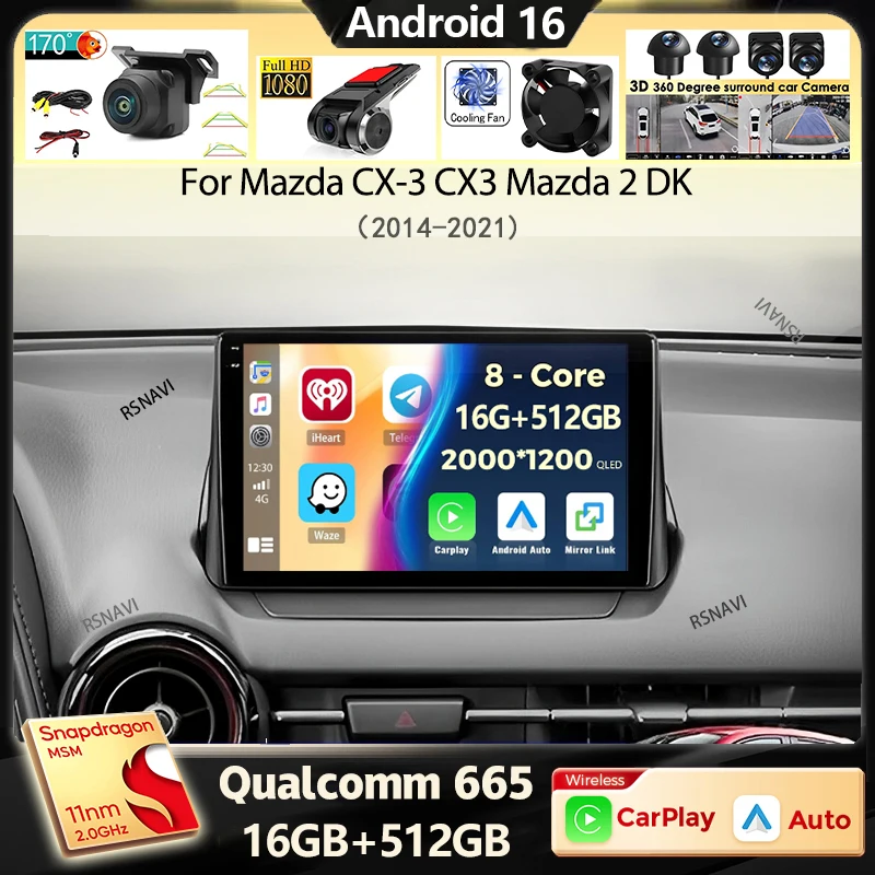 Android 16 Carplay Auto para Mazda CX-3 CX3 Mazda 2 DK 2014 - 2021 Radio de coche Reproductor multimedia GPS Navegación 2din WIFI+4G Estéreo