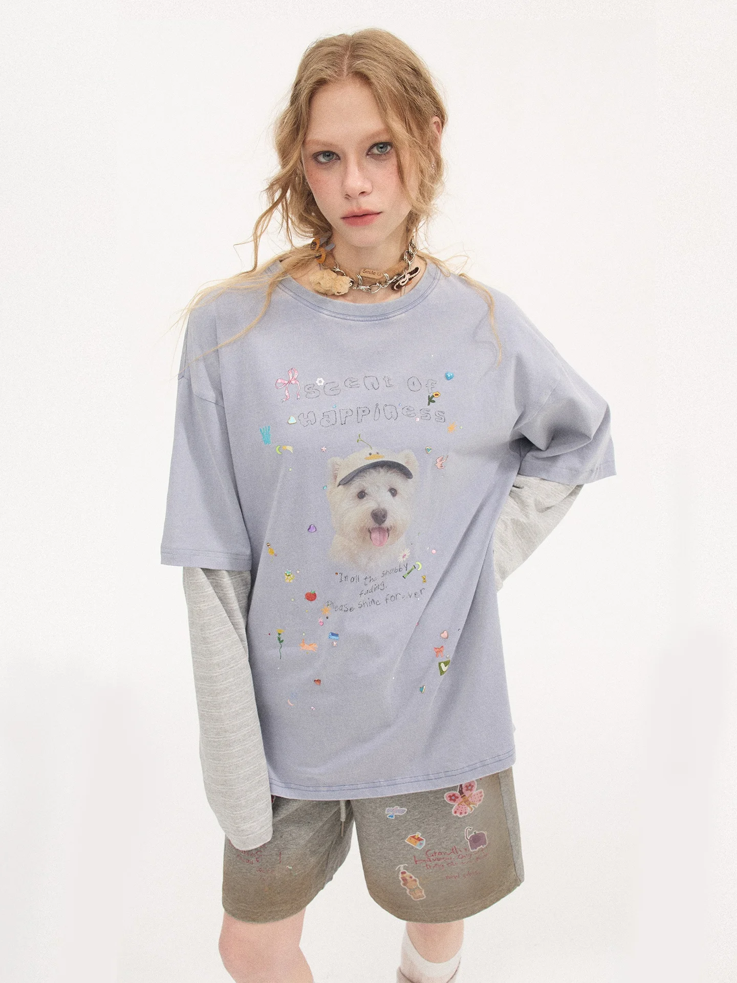 DIDDI MODA Cartoon Sticker  Rhinestone Splicing Long Sleeve Loose round Neck Full Cotton T-Shirt Women's New Style