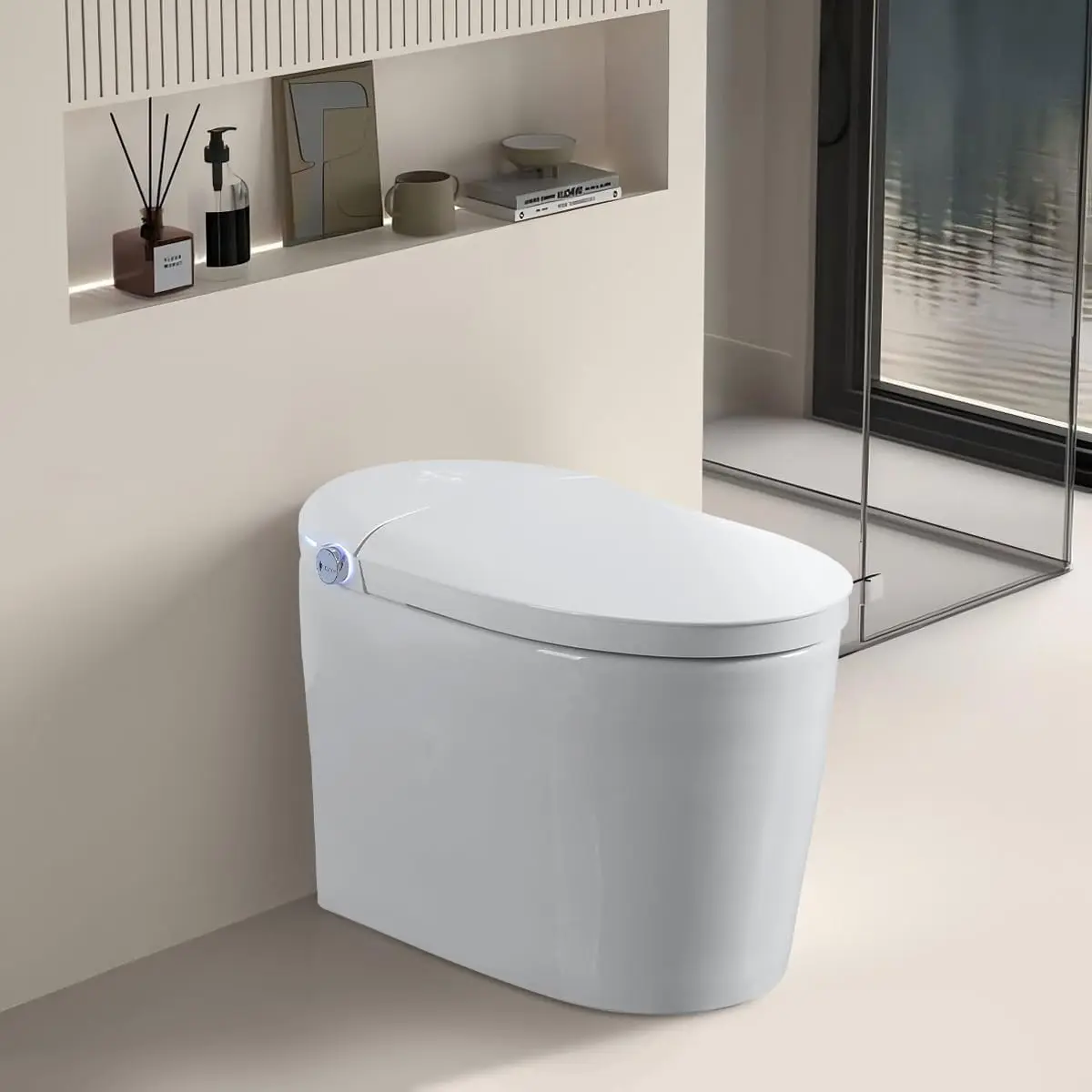 

Smart Elongated One-Piece Toilet Tankless Design Built-In Bidet Foot Sensor Auto Flush Heated Seat Warm Water/Dry LED Includes