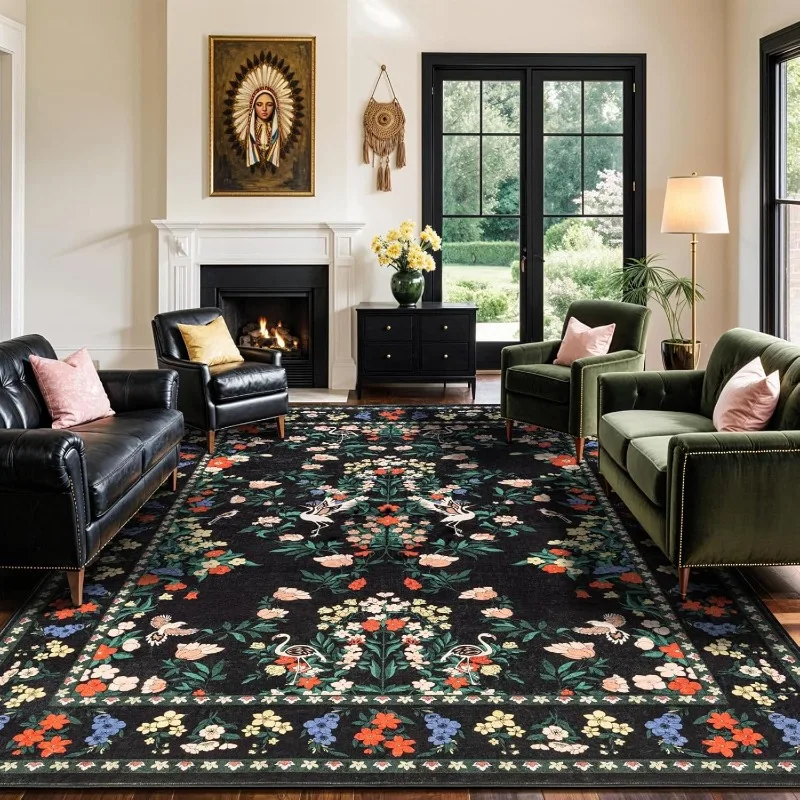 

Vintage Floral Living Room Carpet Creative Luxury Machine Washable Non-slip Bedroom Plush Rugs Home Decoration Cloakroom Mats 러그