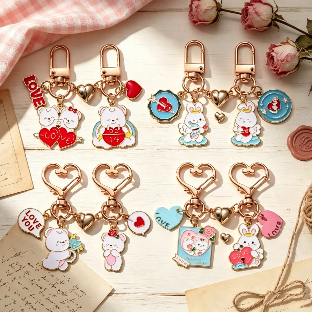 2 Stück Valentinstag-Thema Klassischer Liebes-Kaninchen-Blumen-Magnet-Emaille-Schlüsselanhänger Niedlicher Romantischer Handgefertigter Taschenanhänger Schmuckgeschenk