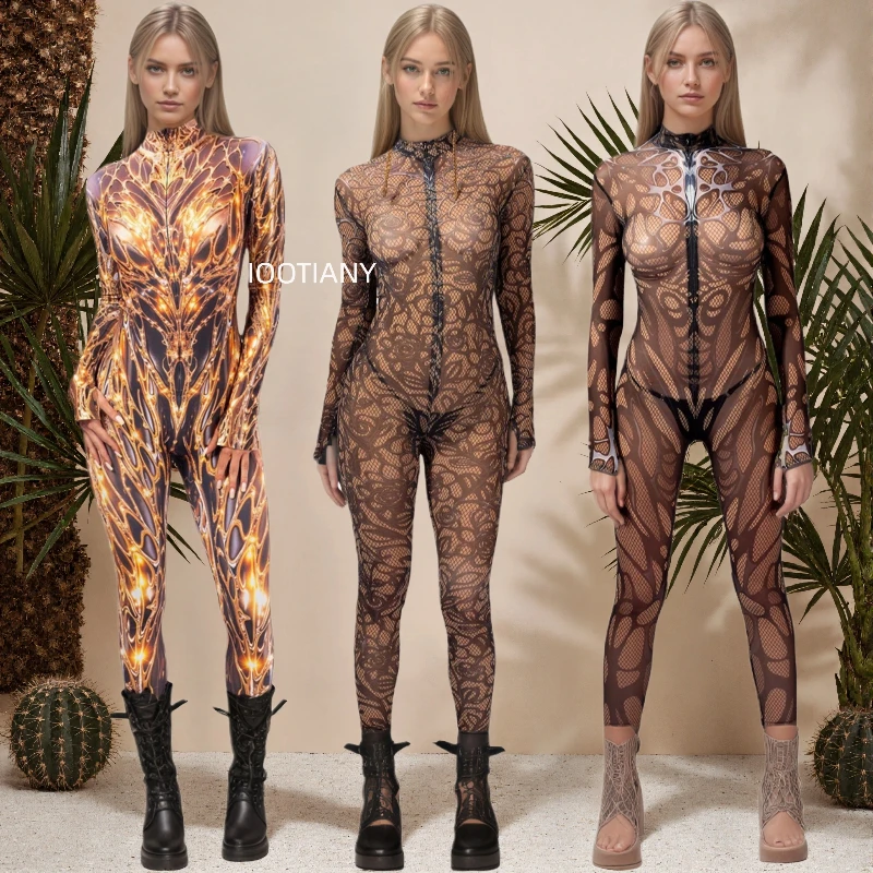 Luxuriöser Goldener Wirbel Blumen-Galaxie Bedruckter Netz-Bodysuit Damen Sexy Cosplay Catsuit Rave Club Nachtclub Festival Mode Jumpsuit