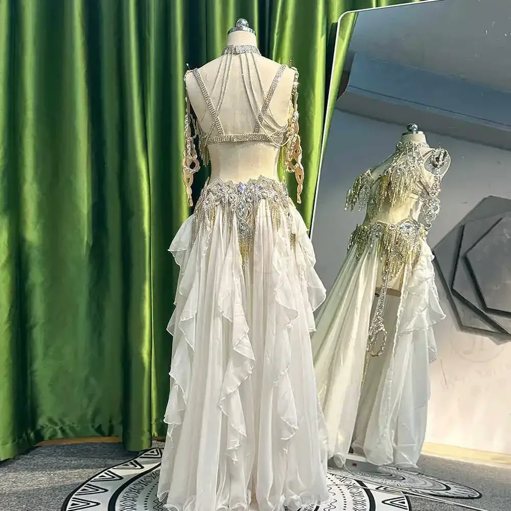 Luxury Rhinestone Fringe Belly Dance Dress, Sparkly Crop Top & Flowy Chiffon Skirt Competition Costume, Professional Oriental