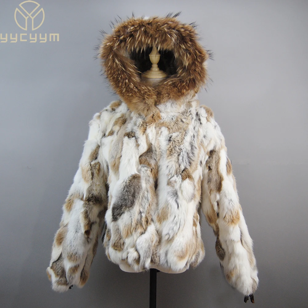 2024 Russian Women Real Rabbit Fur Coats Winter Warm 100% Natural Rabbit Fur Jacket Lady Warm With Raccoon Fur Hooded Outerwear