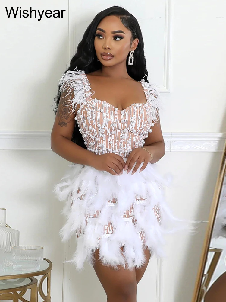 Nowa elegancka luksusowa perłowa sukienka z piórami Bodycon Midi sukienka seksowna impreza w klubie nocnym gość weselny wieczór kobiety odzież urodzinowa