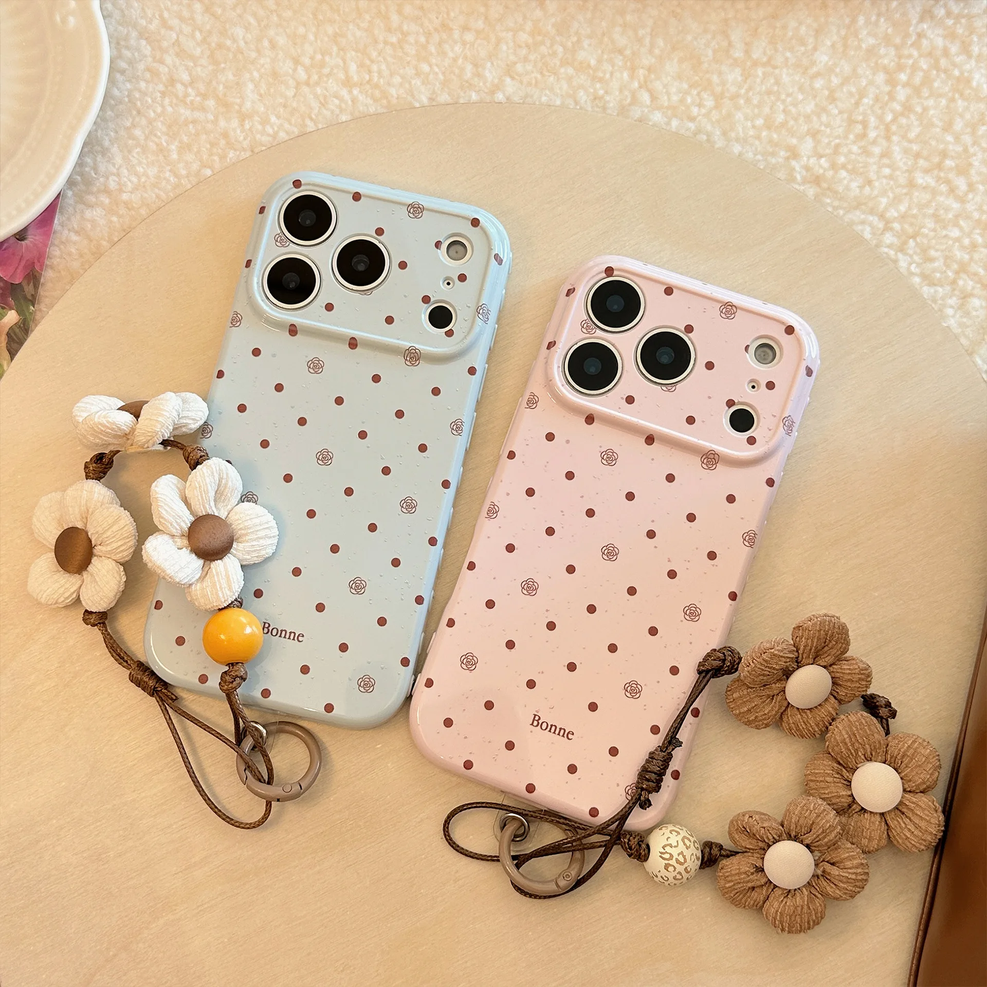 Funda de Teléfono Coreana con Diseño de Puntos y Rosas, con Correa, para iPhone 17 16 15 14 13 11 12 Pro Max, Antigolpes, Suave