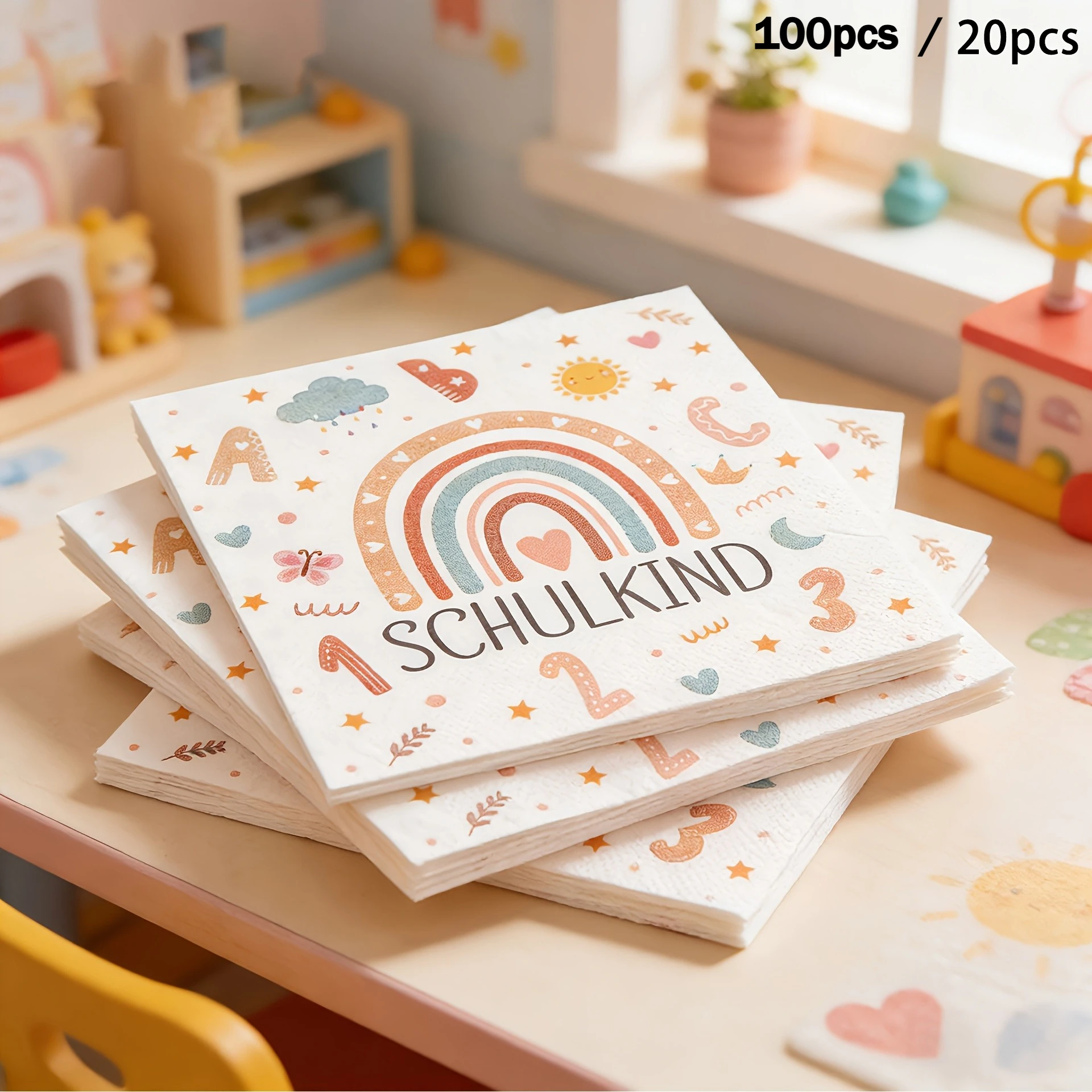 100pcs/20pcs Back-to-School Season Party Napkins, Bohemian Rainbow Butterfly Heart German Back-to-School Season Party Tissues