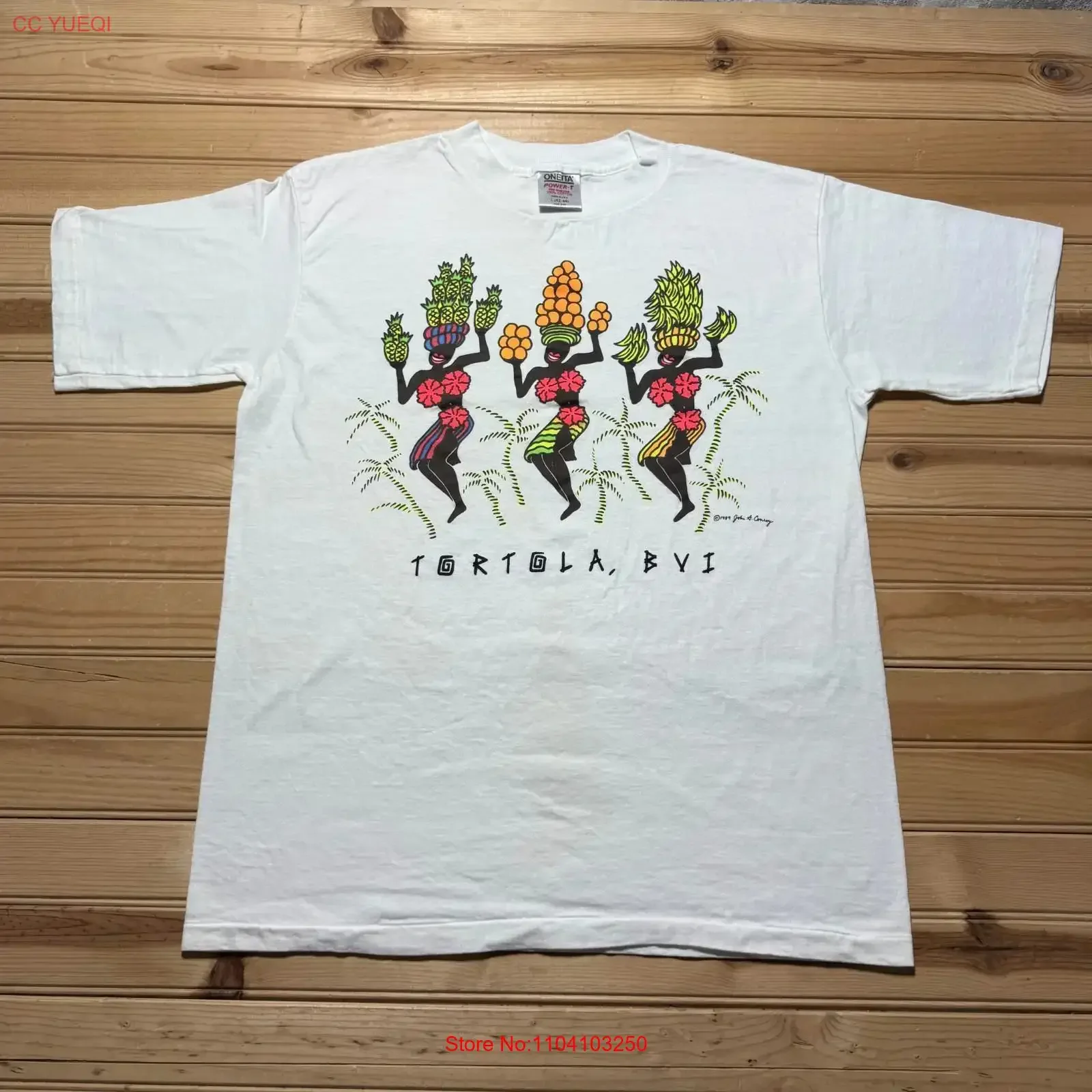 Camiseta vintage de 1989 con diseño de bailarines tropicales de Tortola, BVI, Caribe, talla grande de EE. UU., lavada, para uso diario, para hombre