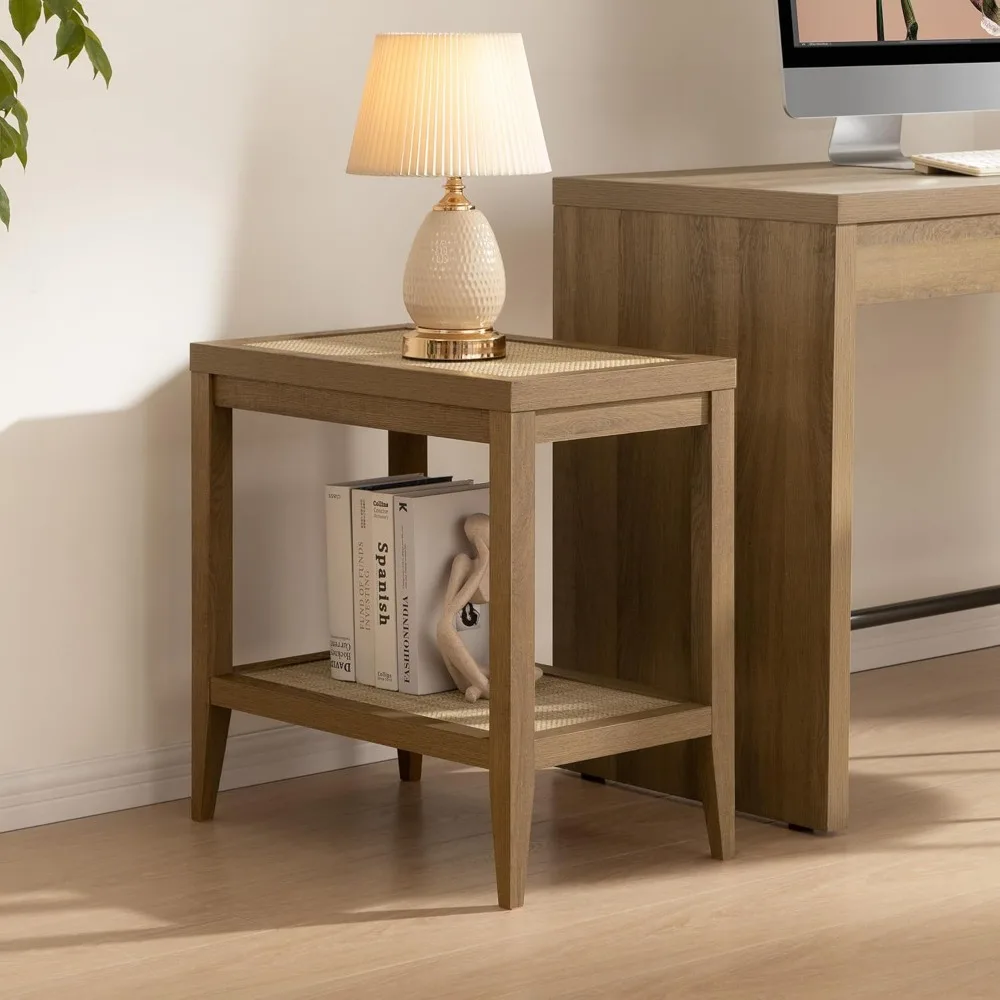 SICOTAS Rattan Night Stand Bedside Table - Farmhouse Boho Narrow End Table for Living Room - Accent Side Table with 2 Rattan Ope