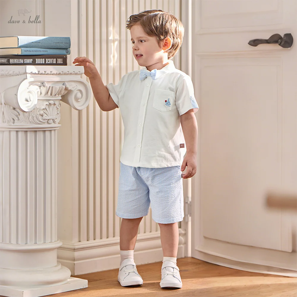 דייב בלה סט מכנסיים קצרים לילדים קיץ חולצה+חליפות מכנסיים חולצה לבנה מכנסיים פסים כותנה טהורה בגדי ילדים מגניבים DB2261287