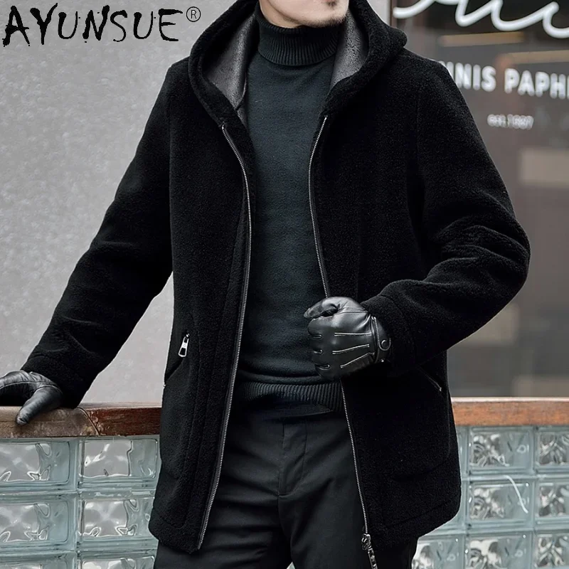 

AYUNSUE Men's 100% Sheep Shearing Jacket Winter Warm Real Fur Coat Male Short Hooded Wool Jackets Wearable Both Sides Chaquetas