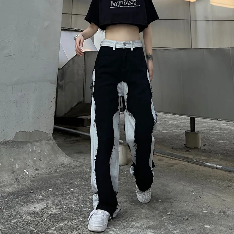 Korea Style Patchwork Baggy Jeans Women Spring Summer Tidal Current Spliced Trousers Vintage High Waist Wide Leg Traf Y2k Pants