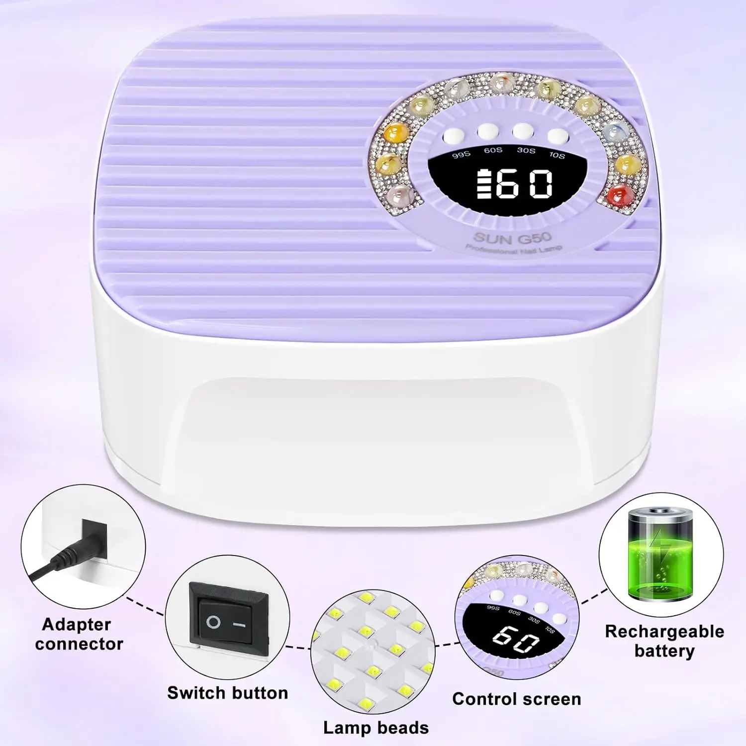 UV LEDネイルランプキット、45個のビーズ、手袋付き、ジェルネイル硬化用コードレス充電式